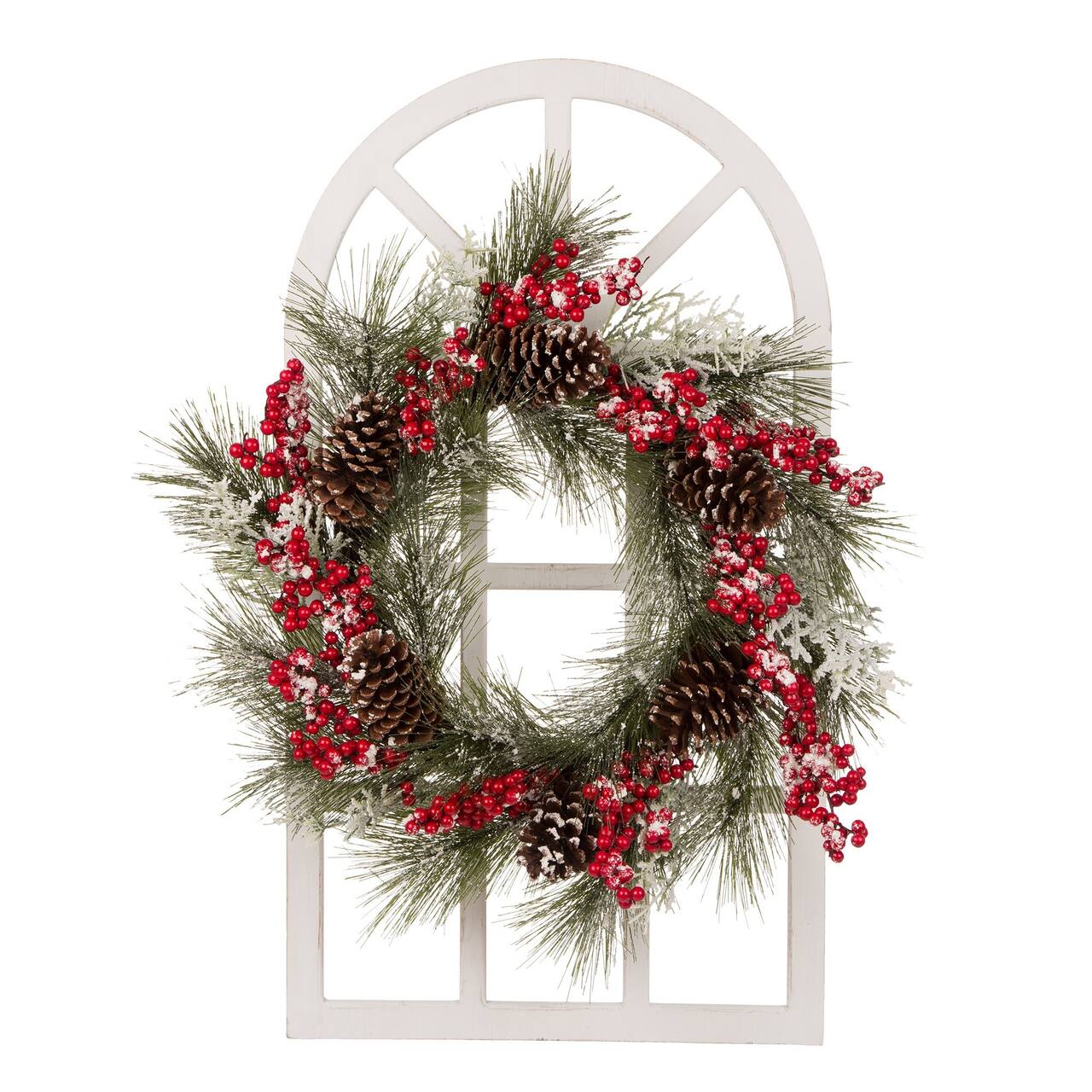 Glitzhome&#xAE; Wooden Window Frame with Flocked Pinecone &#x26; Berry Wreath